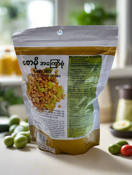 Package of 'Saw Mo' fried beans on a white surface with a blurred outdoor background