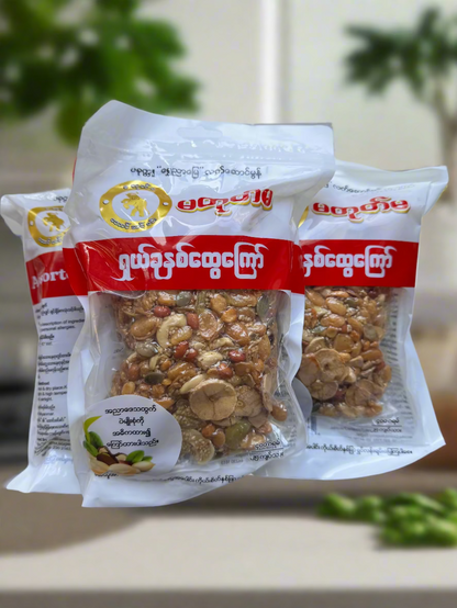 Three packages of a snack mix with visible brand logo on a white background